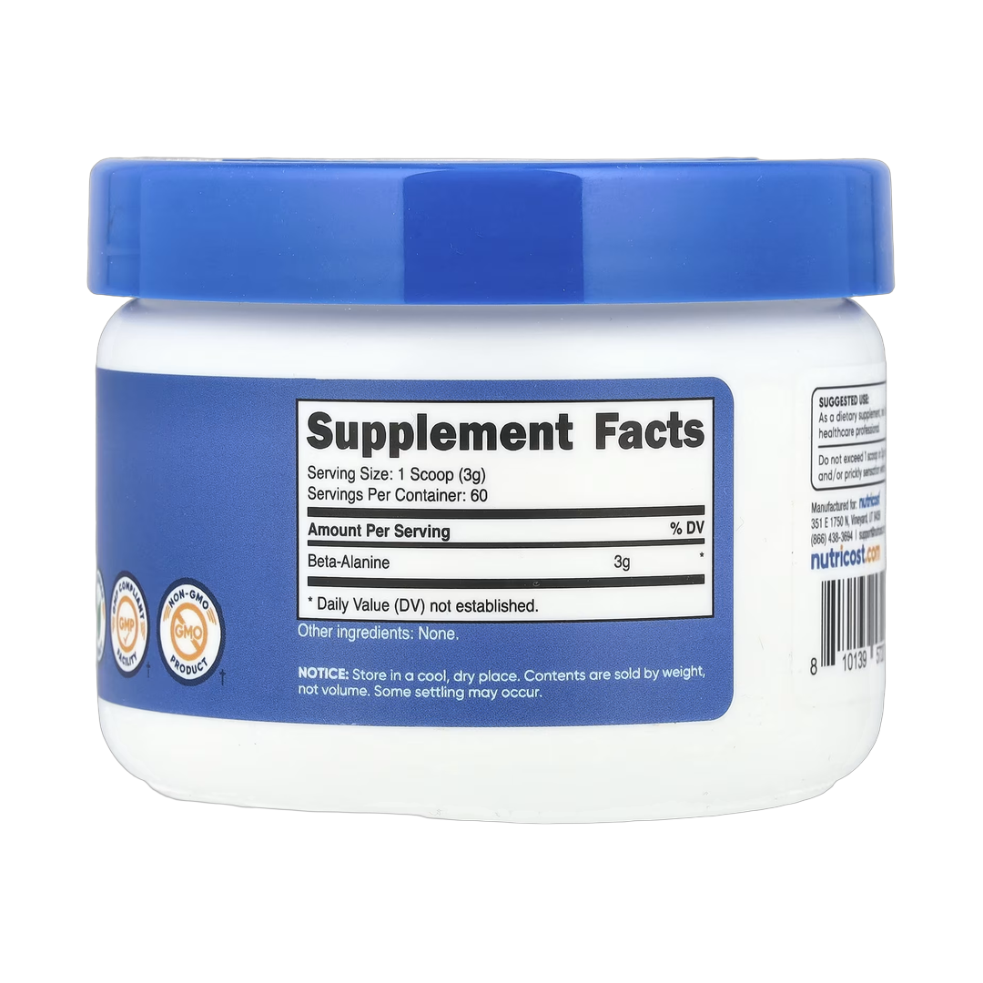 Nutricost, Beta-Alanine, Unflavored, 6.4 oz, 180 g back packaging view