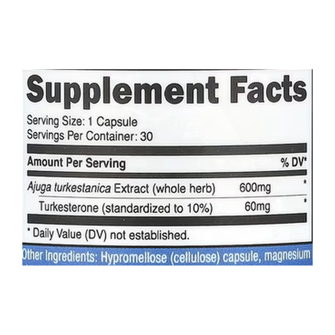 Nutricost, Performance, Turkesterone, 30 Capsules supplement facts label showing ingredients, vitamins, minerals, and serving information