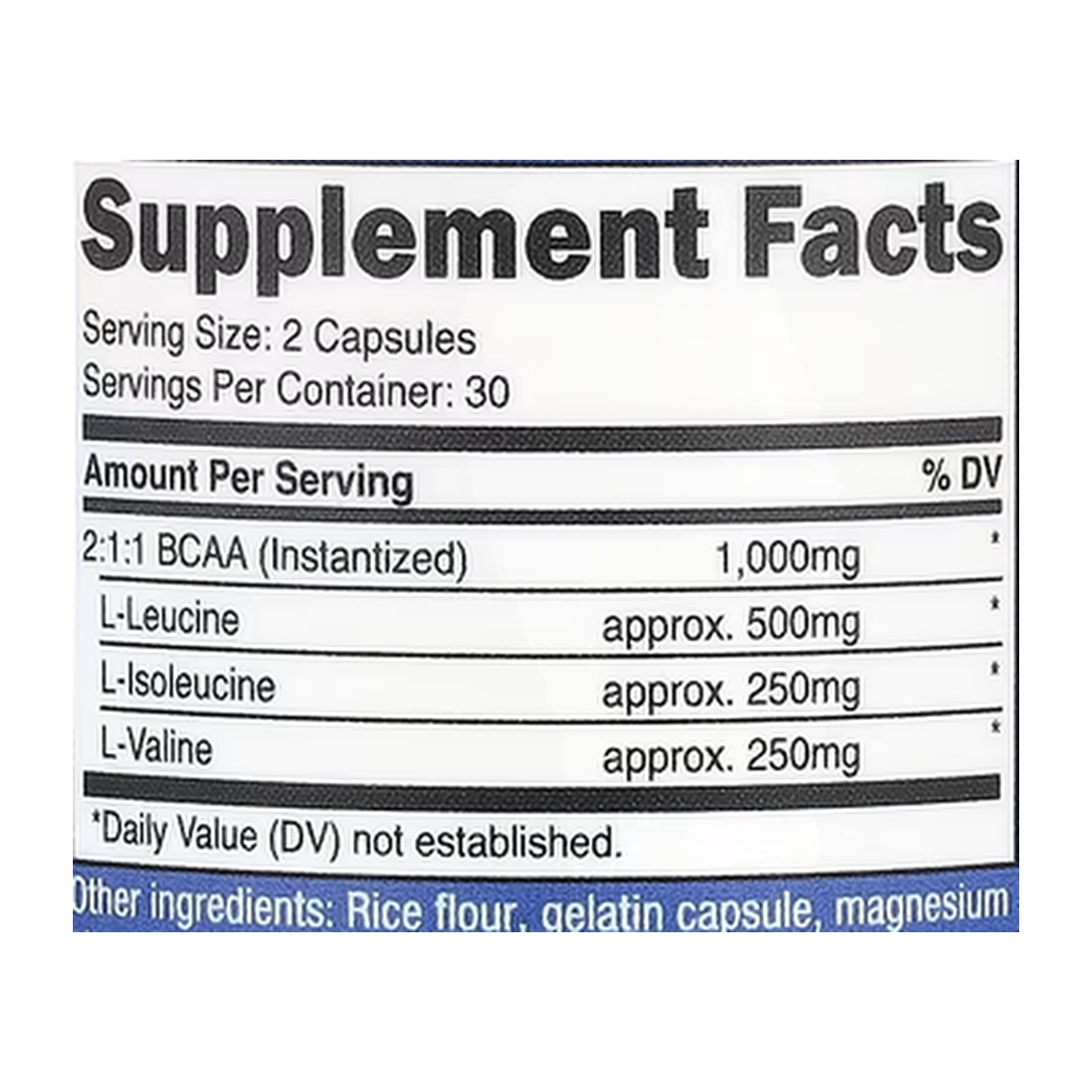 Nutricost, Performance, BCAA, 60 Capsules supplement facts label showing ingredients, vitamins, minerals, and serving information