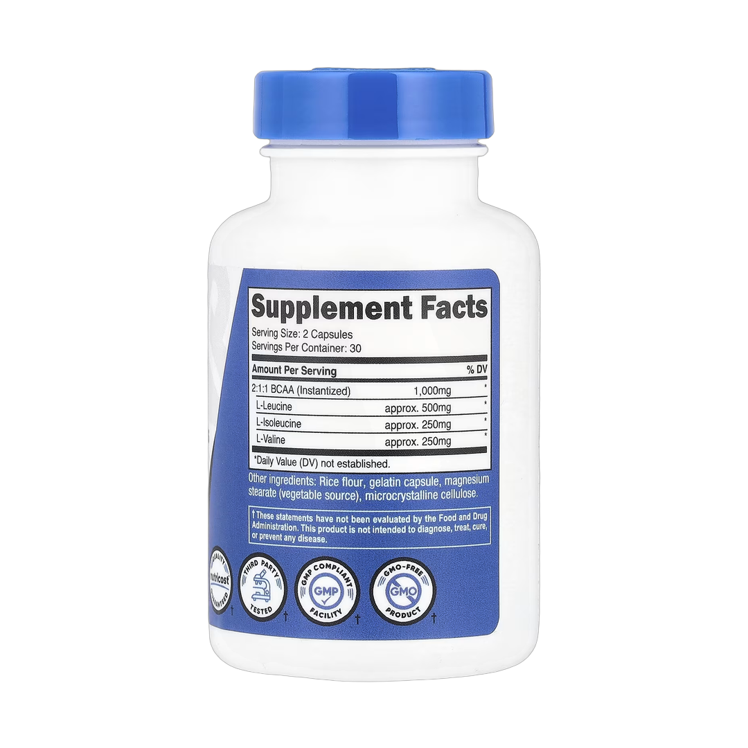 Nutricost, Performance, BCAA, 60 Capsules back packaging view