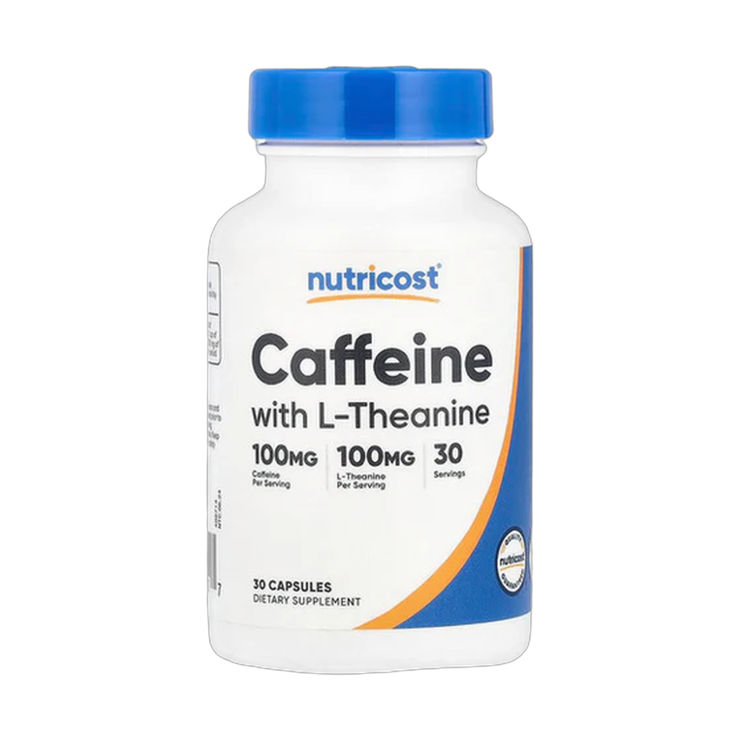 Nutricost, Caffeine + Theanine Capsules, 100 Mg, 30 Capsules front packaging view
