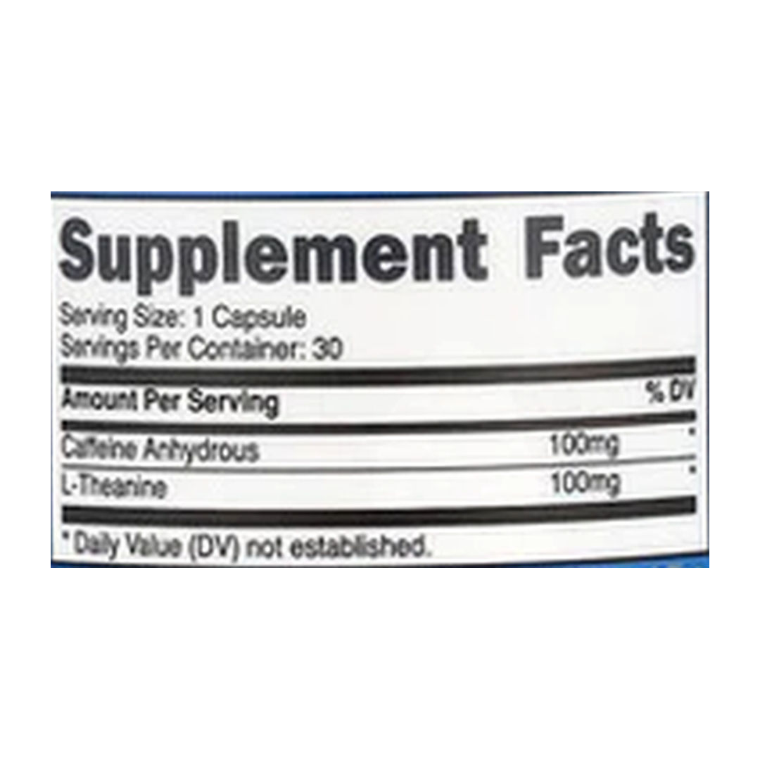 Nutricost, Caffeine + Theanine Capsules, 100 Mg, 30 Capsules supplement facts label showing ingredients, vitamins, minerals, and serving information