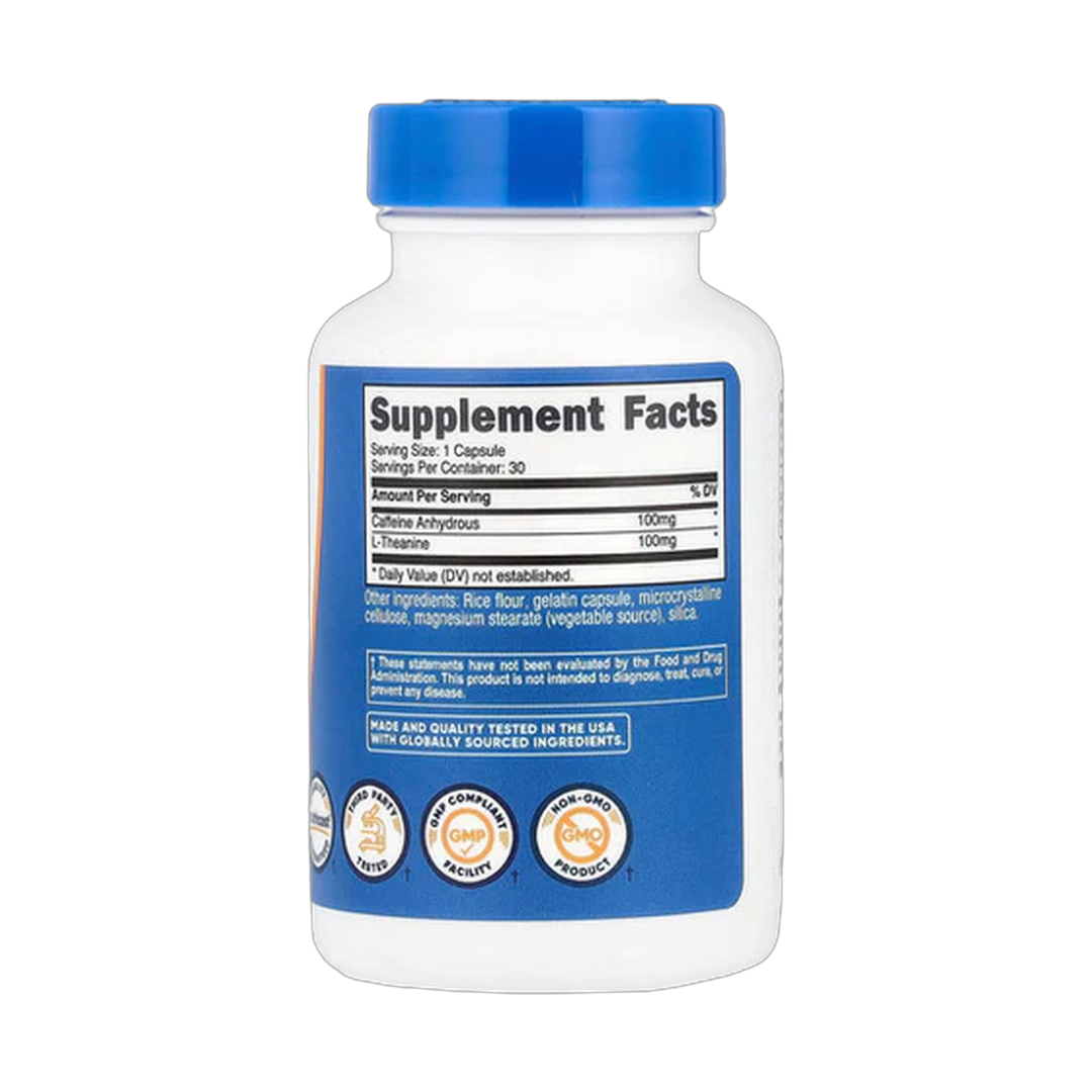 Nutricost, Caffeine + Theanine Capsules, 100 Mg, 30 Capsules back packaging view
