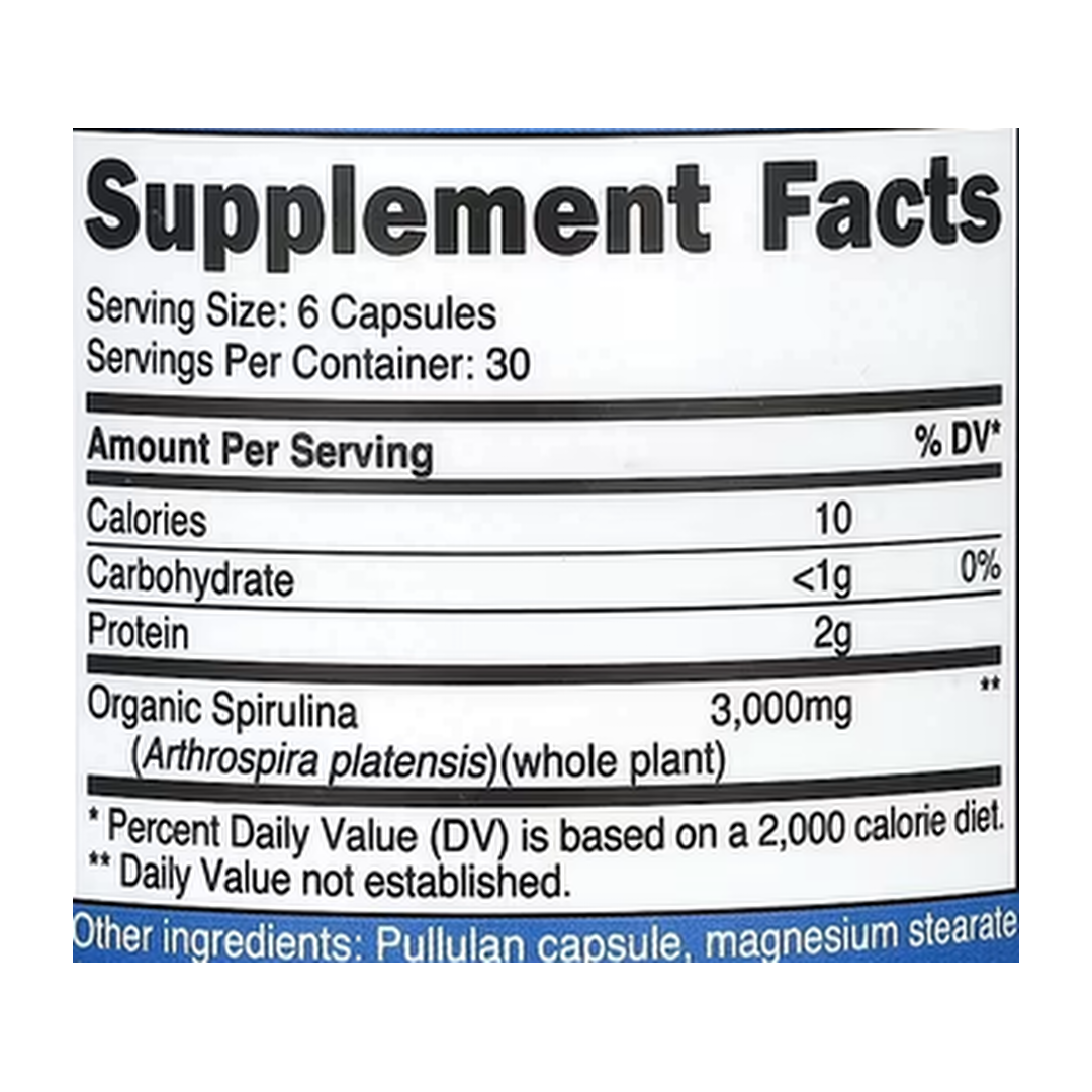 Nutricost, Spirulina, 180 Capsules supplement facts label showing ingredients, vitamins, minerals, and serving information
