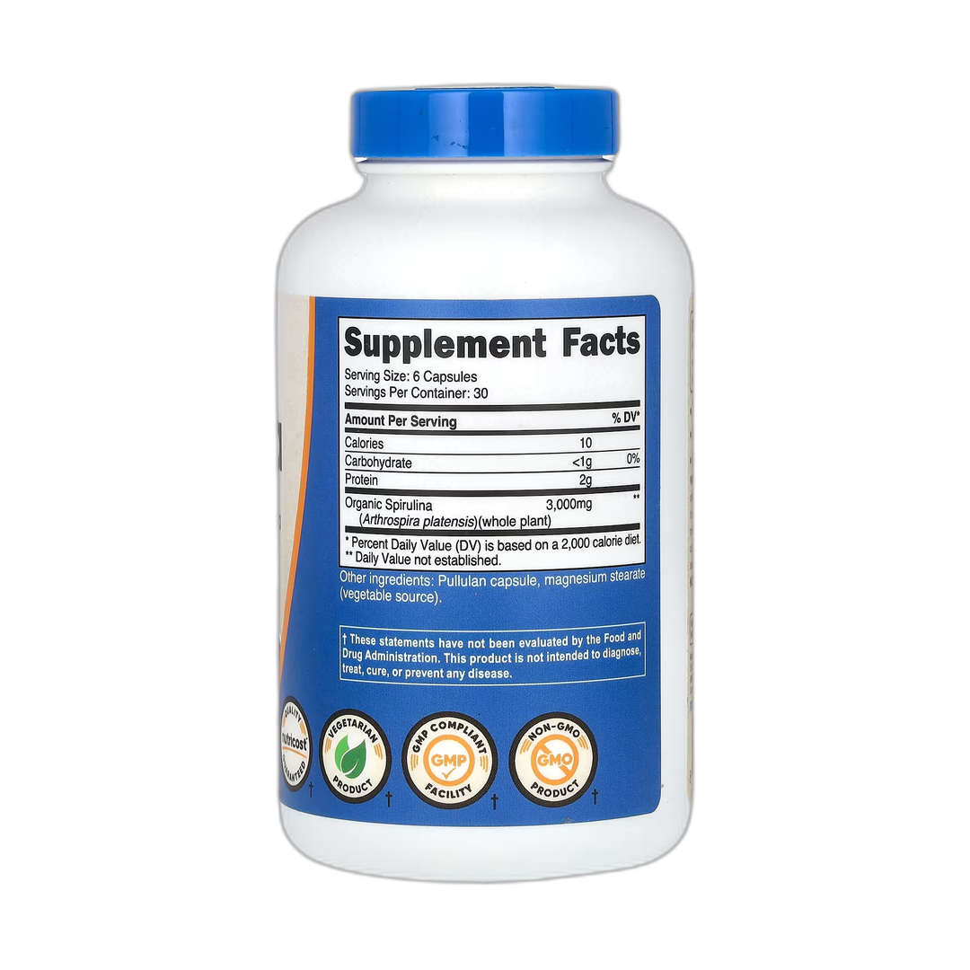Nutricost, Spirulina, 180 Capsules back packaging view
