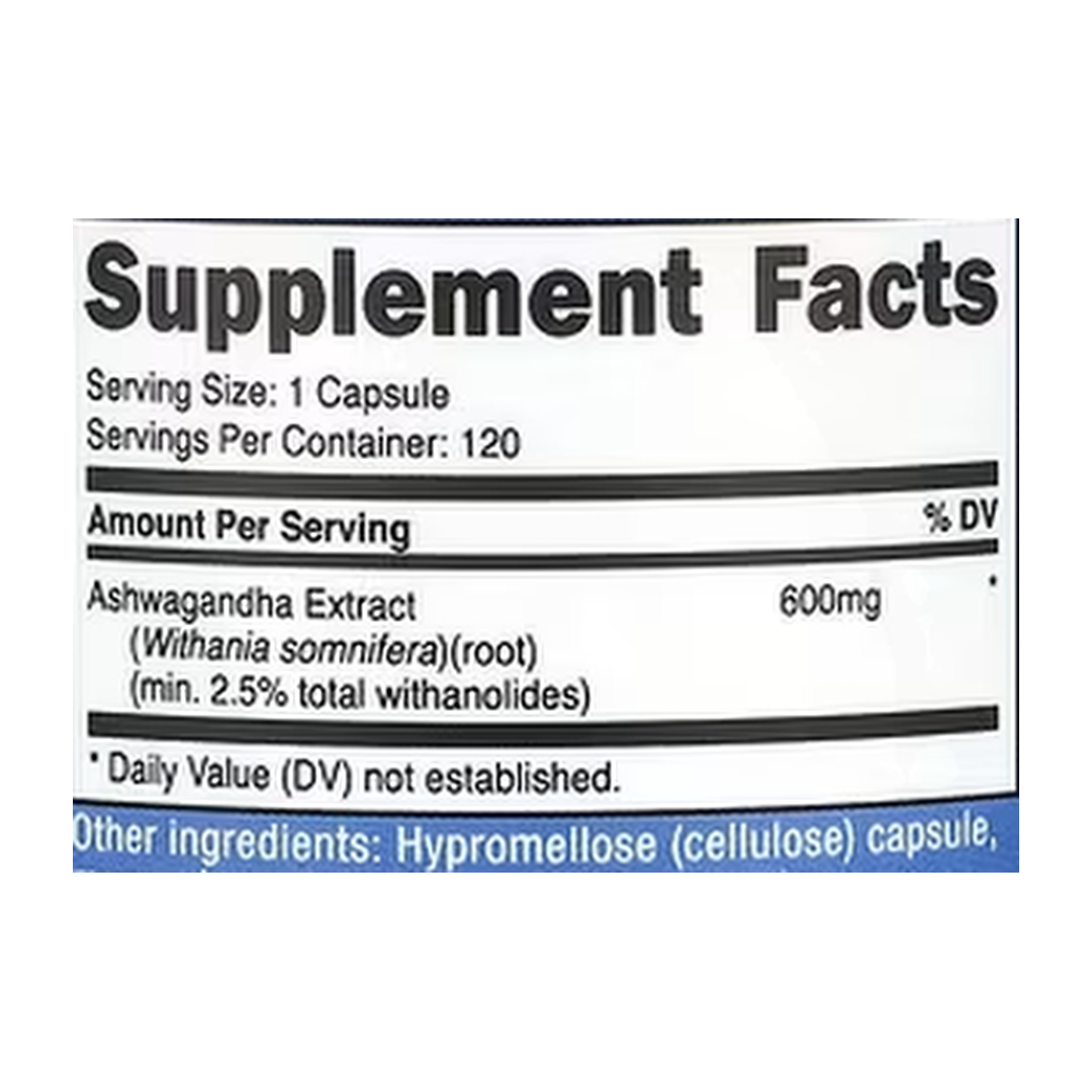 Nutricost, Ashwagandha Root Extract, 600 mg, 120 Capsules supplement facts label showing ingredients, vitamins, minerals, and serving information