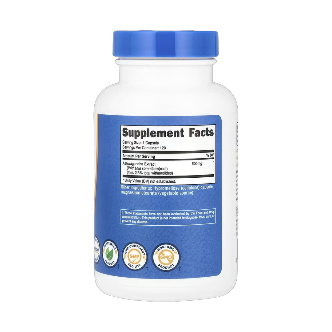 Nutricost, Ashwagandha Root Extract, 600 mg, 120 Capsules back packaging view