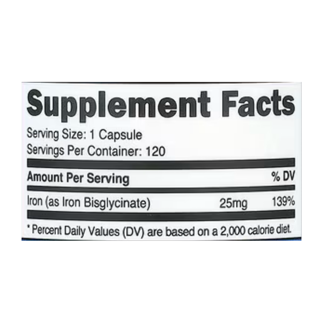 Nutricost, Iron, 25 mg , 120 Capsules supplement facts label showing ingredients, vitamins, minerals, and serving information