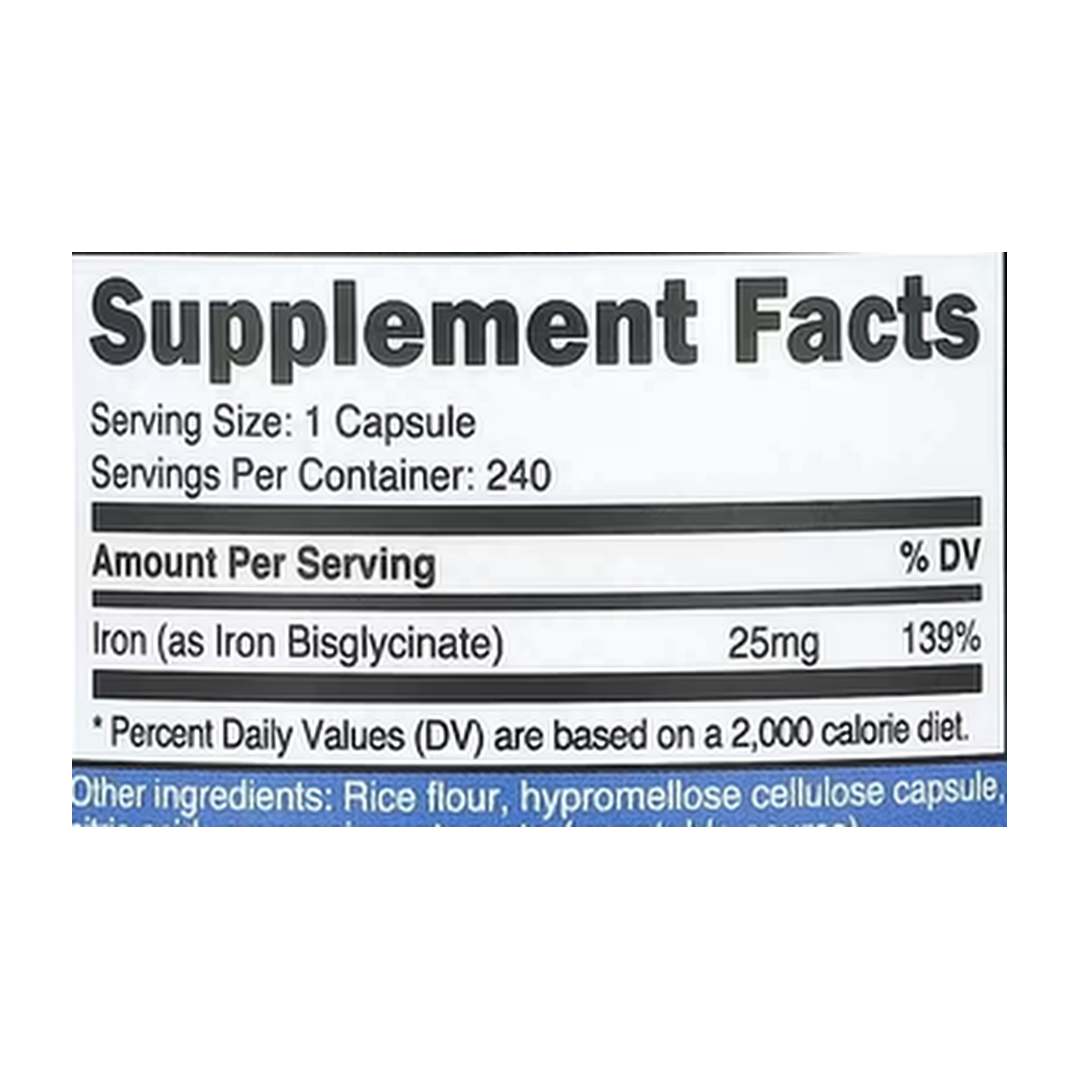 Nutricost, Iron, 25 mg , 240 Capsules supplement facts label showing ingredients, vitamins, minerals, and serving information