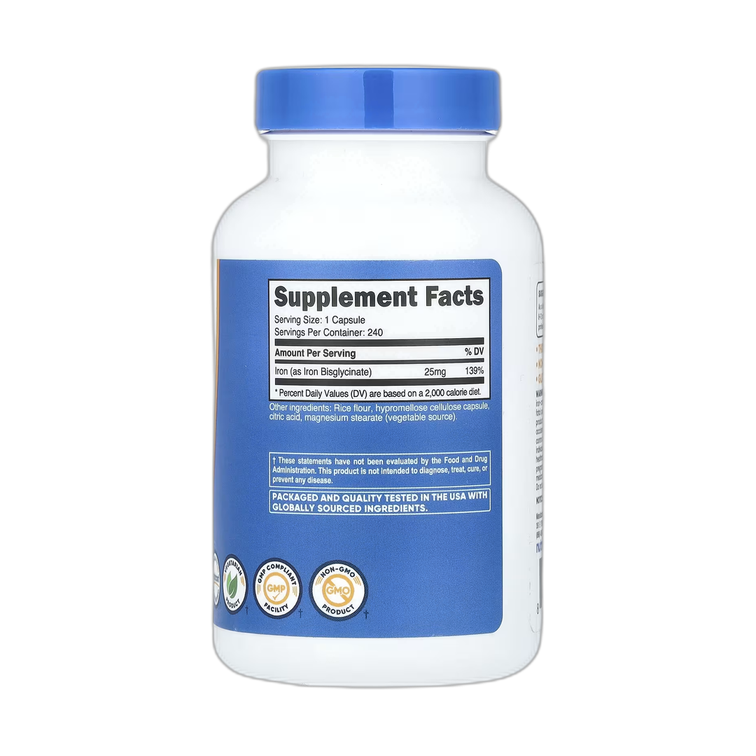 Nutricost, Iron, 25 mg , 240 Capsules back packaging view