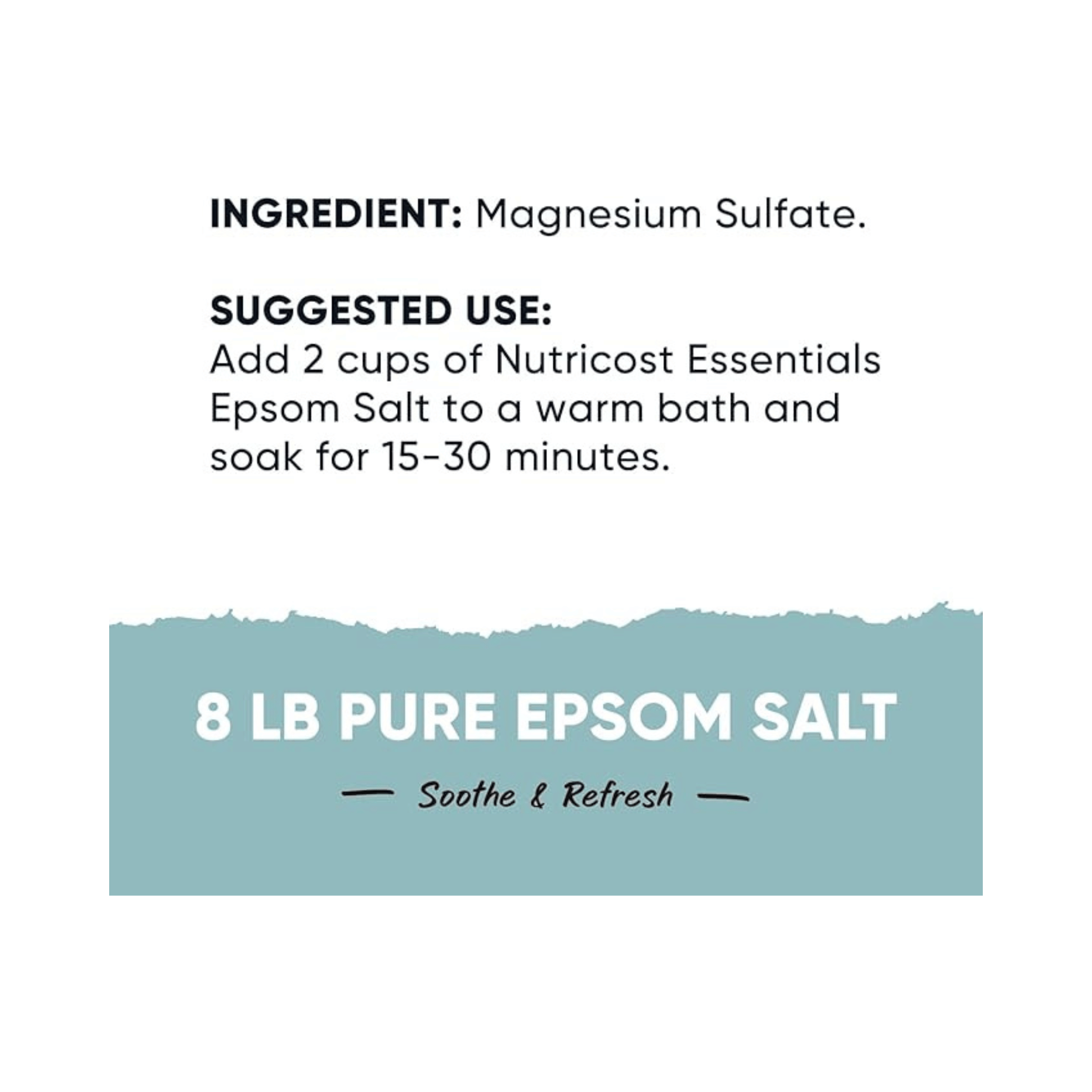 Nutricost, Essentials, Epsom Salt, 8 lb, 3,628 g supplement facts label showing ingredients, vitamins, minerals, and serving information