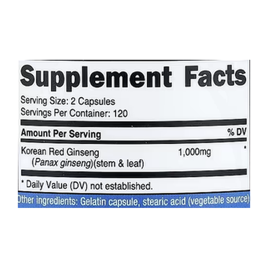 Nutricost, Korean Red Ginseng, 240 Capsules (500 mg per Capsule) supplement facts label showing ingredients, vitamins, minerals, and serving information