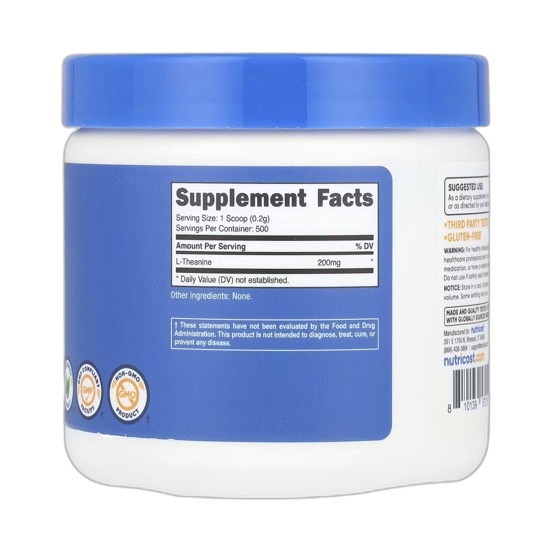 Nutricost, L-Theanine, Unflavored, 3.6 oz, 100 g back packaging view