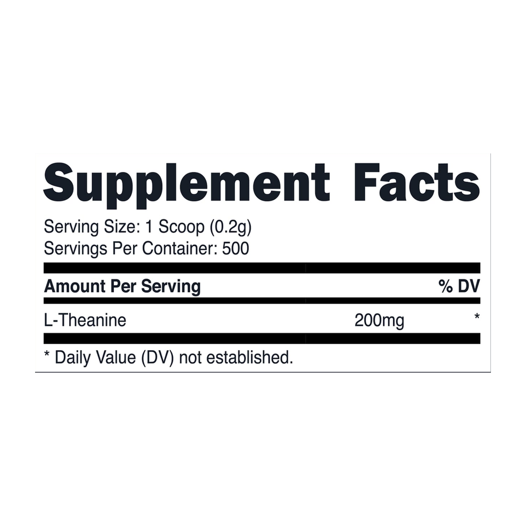 Nutricost, L-Theanine, Unflavored, 3.6 oz, 100 g supplement facts label showing ingredients, vitamins, minerals, and serving information