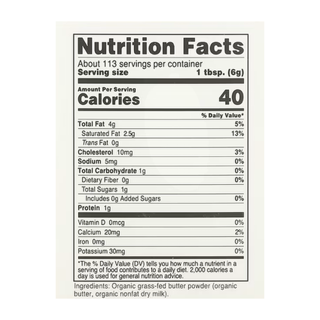 Nutricost, Pantry, Organic Butter Powder, 24.3 oz, 680 g supplement facts label showing ingredients, vitamins, minerals, and serving information