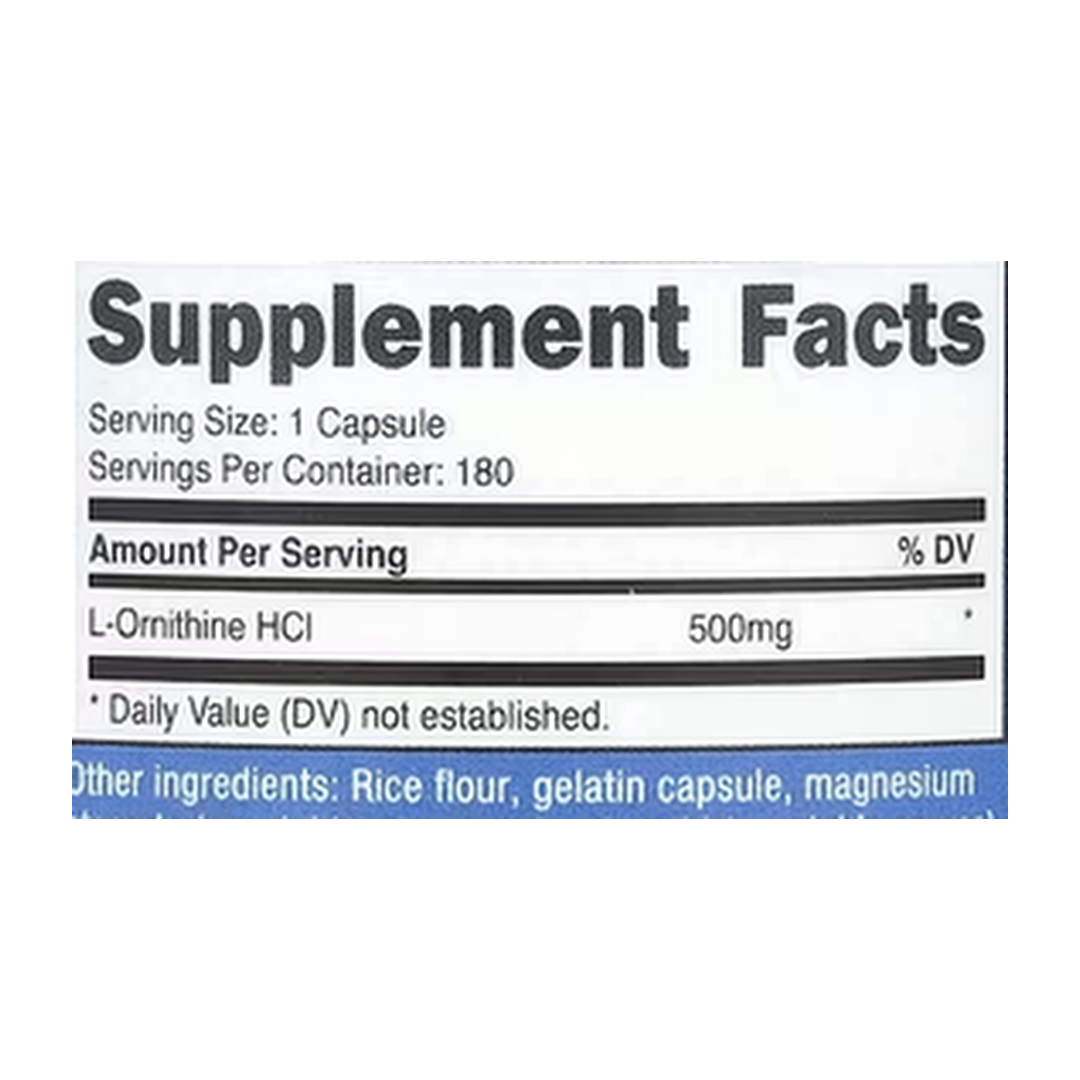 Nutricost, L-Ornithine, 500 mg, 180 Capsules supplement facts label showing ingredients, vitamins, minerals, and serving information