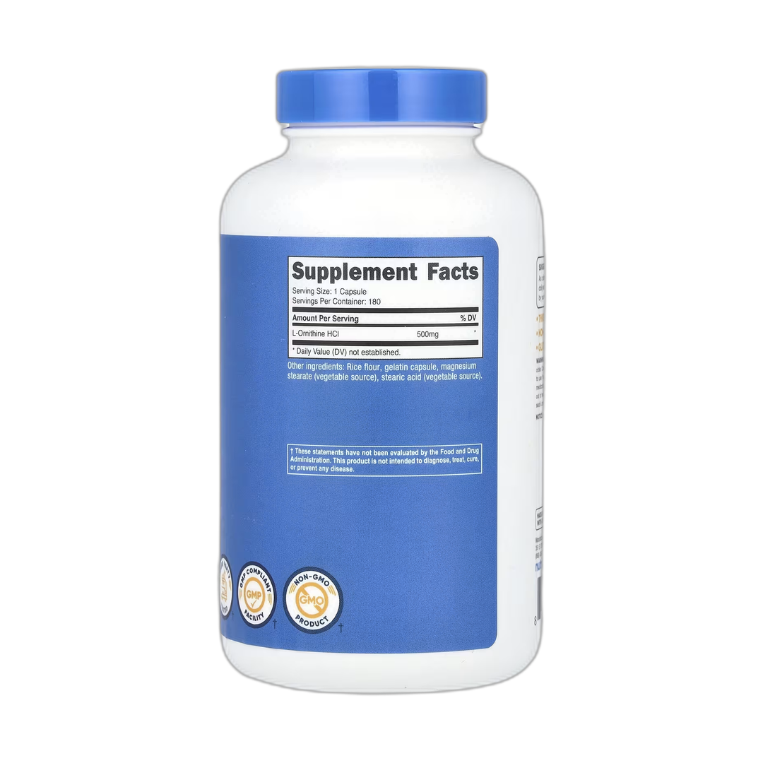 Nutricost, L-Ornithine, 500 mg, 180 Capsules back packaging view