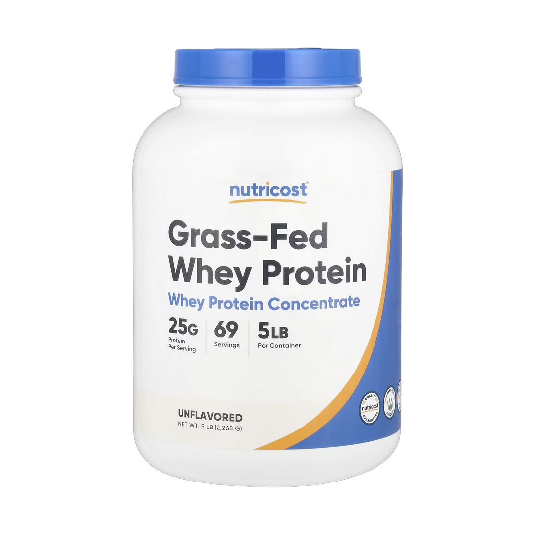Nutricost, Grass-Fed Whey Protein Concentrate, Unflavored, 5 lb, 2,268 g front packaging view