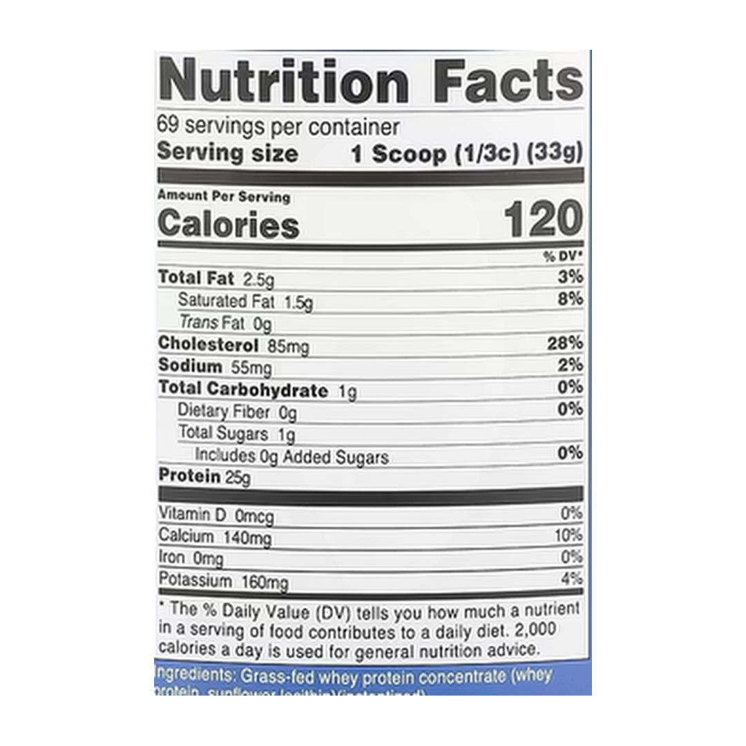 Nutricost, Grass-Fed Whey Protein Concentrate, Unflavored, 5 lb, 2,268 g supplement facts label showing ingredients, vitamins, minerals, and serving information