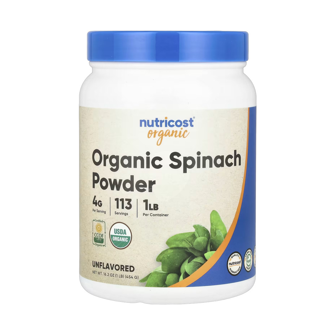 Nutricost, Organic Spinach Powder, Unflavored, 16.2 oz, 454 g front packaging view