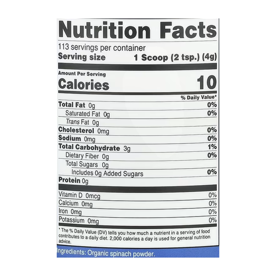 Nutricost, Organic Spinach Powder, Unflavored, 16.2 oz, 454 g supplement facts label showing ingredients, vitamins, minerals, and serving information