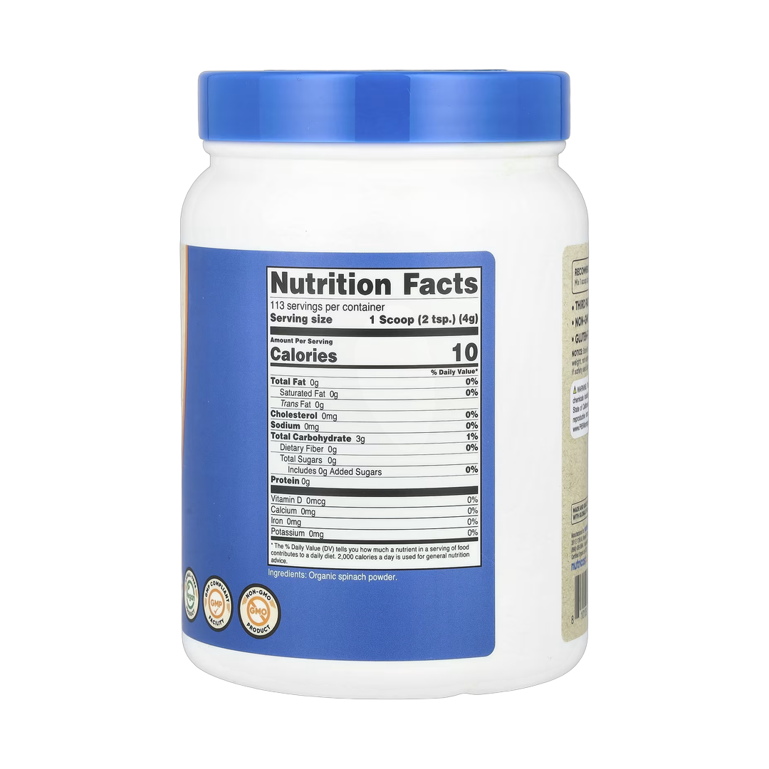 Nutricost, Organic Spinach Powder, Unflavored, 16.2 oz, 454 g back packaging view