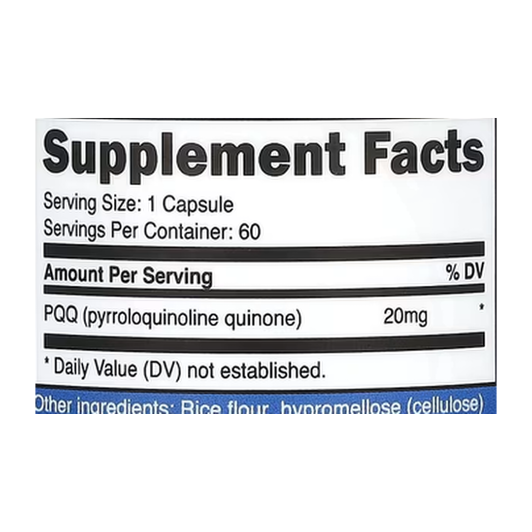 Nutricost, PQQ, 20 mg, 60 Capsules supplement facts label showing ingredients, vitamins, minerals, and serving information