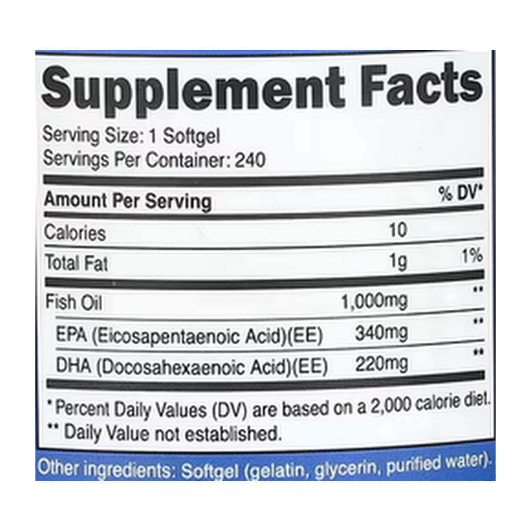 Nutricost, Fish Oil, 1,000 mg , 240 Softgels supplement facts label showing ingredients, vitamins, minerals, and serving information