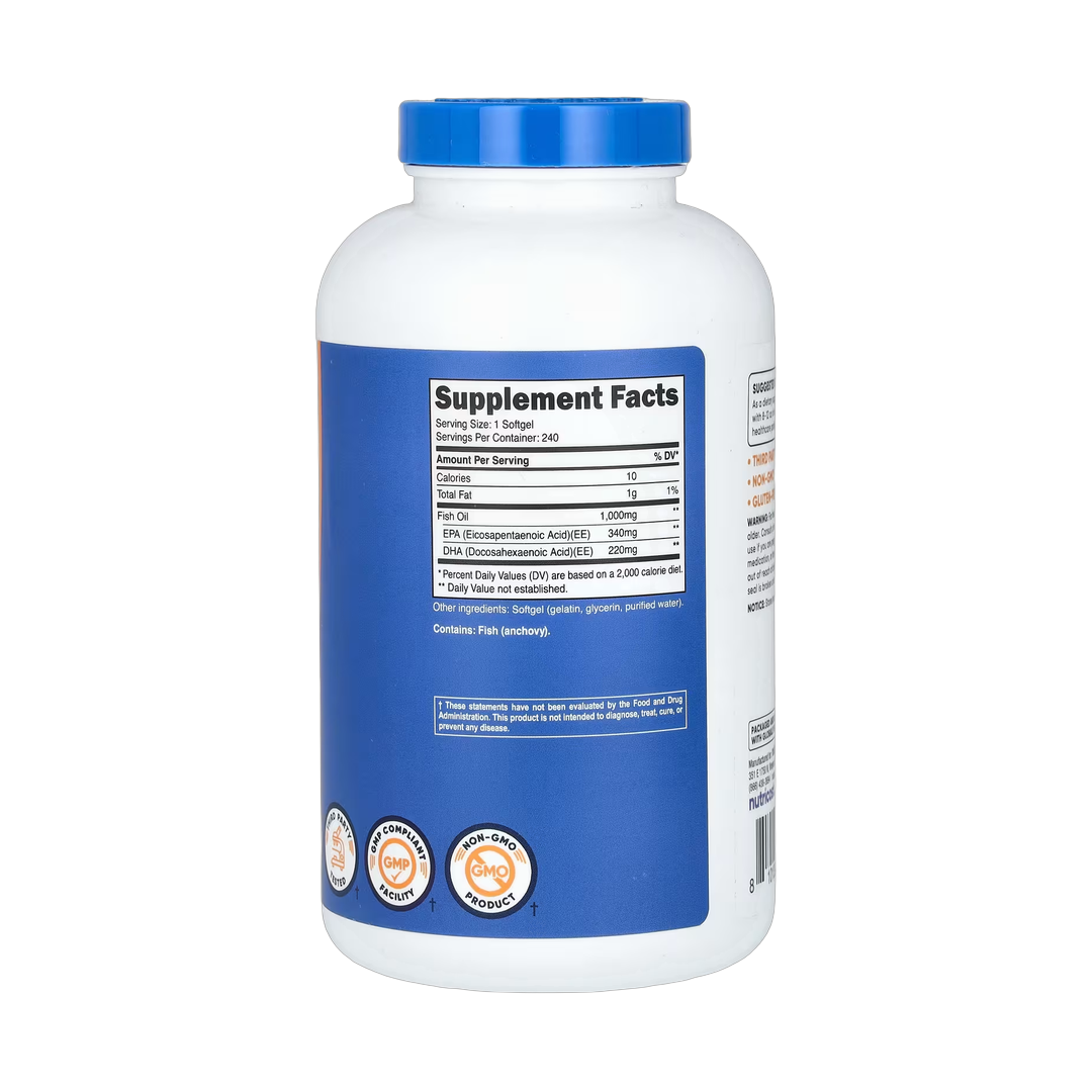Nutricost, Fish Oil, 1,000 mg , 240 Softgels back packaging view