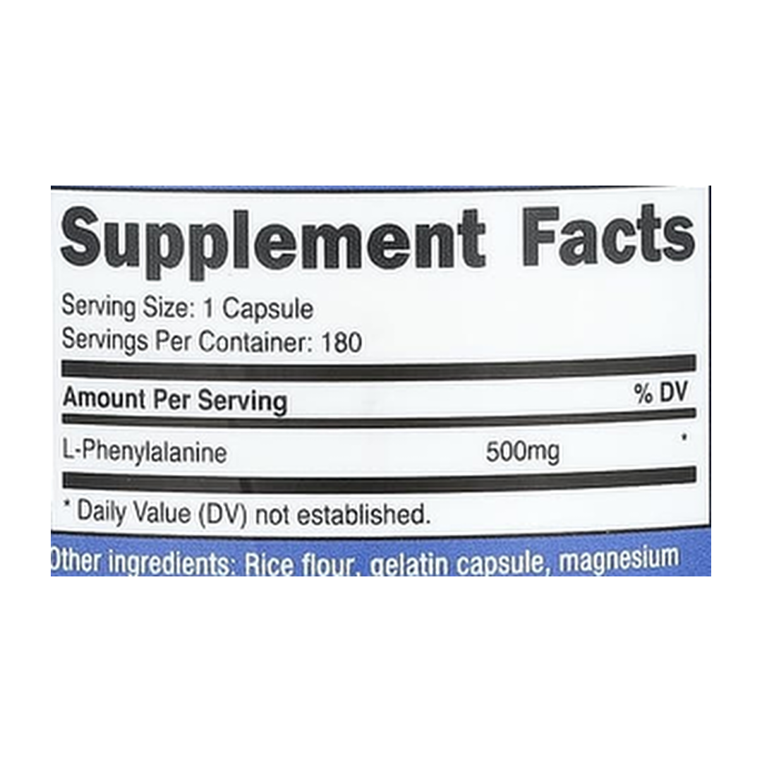 Nutricost, L-Phenylalanine, 500 mg, 180 Capsules supplement facts label showing ingredients, vitamins, minerals, and serving information