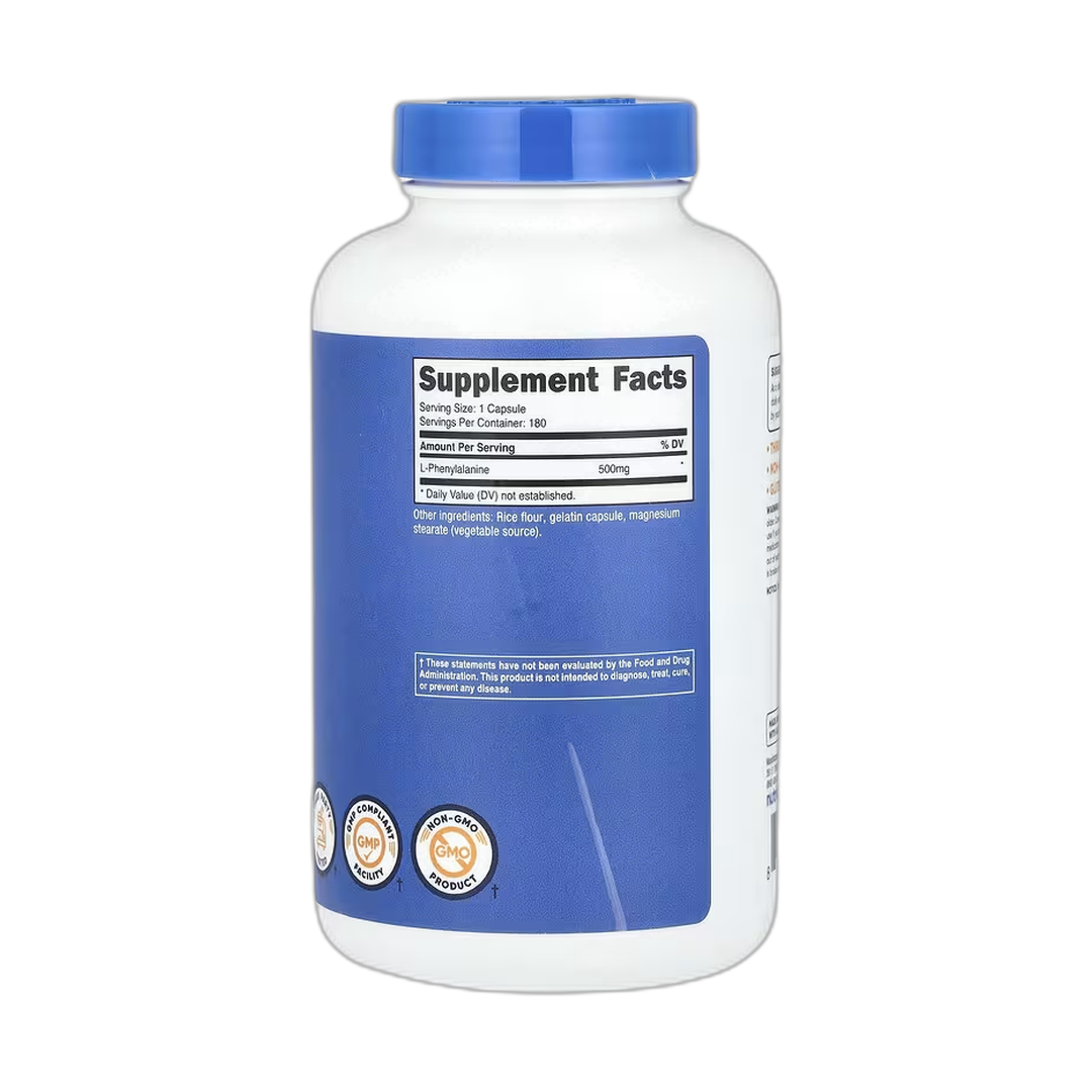 Nutricost, L-Phenylalanine, 500 mg, 180 Capsules back packaging view
