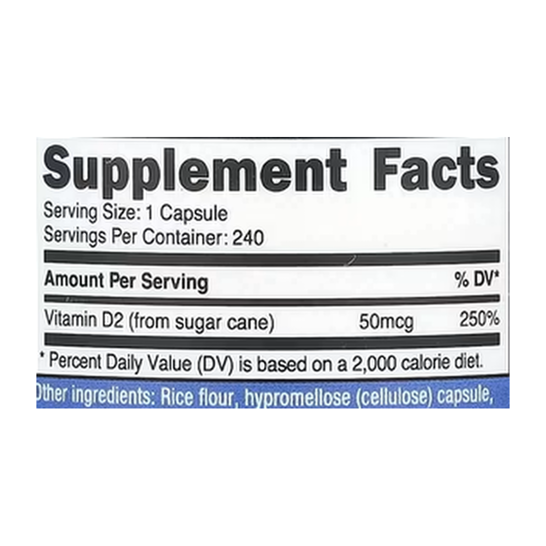 Nutricost, Vitamin D2, 50 mcg (2,000 IU), 240 Capsules supplement facts label showing ingredients, vitamins, minerals, and serving information