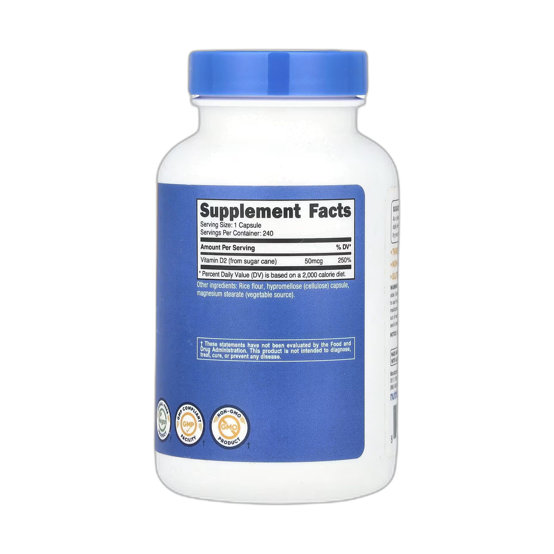 Nutricost, Vitamin D2, 50 mcg (2,000 IU), 240 Capsules back packaging view