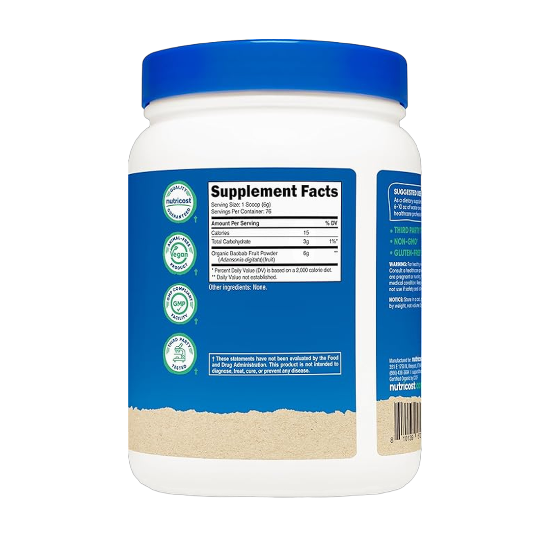 Nutricost, Organic Baobab Fruit Powder, Unflavored, 1 lb, 454 g back packaging view