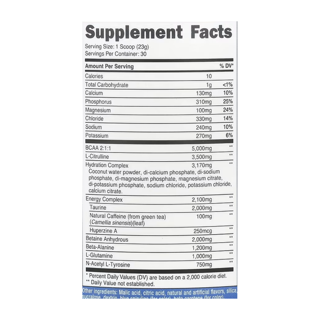 Nutricost, Performance, Intra-Workout Complex, Green Apple, 1.6 lb, 699 g supplement facts label showing ingredients, vitamins, minerals, and serving information