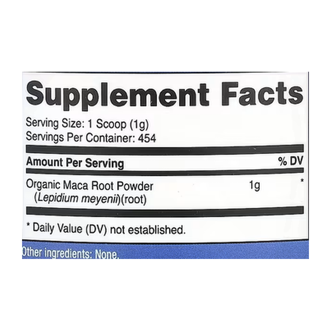 Nutricost, Organic Maca Root, Unflavored, 1 lb, 454 g supplement facts label showing ingredients, vitamins, minerals, and serving information