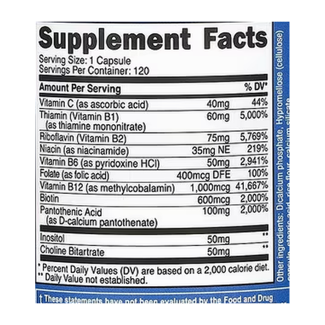 Nutricost, Vitamin B Complex, 462 mg, 120 Capsules supplement facts label showing ingredients, vitamins, minerals, and serving information