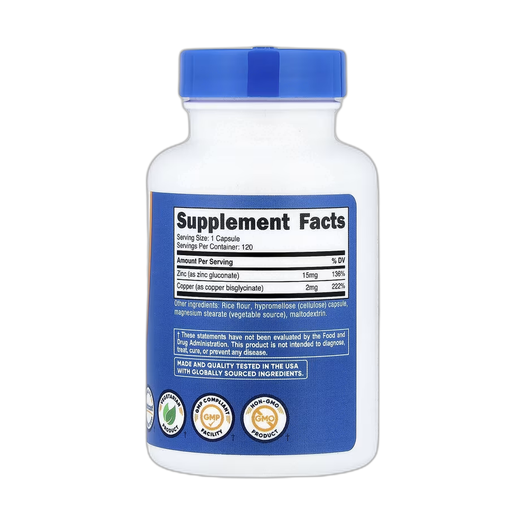 Nutricost, Zinc + Copper, 120 Capsules back packaging view