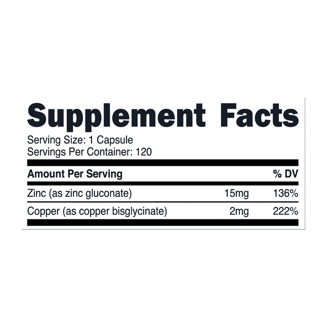 Nutricost, Zinc + Copper, 120 Capsules supplement facts label showing ingredients, vitamins, minerals, and serving information