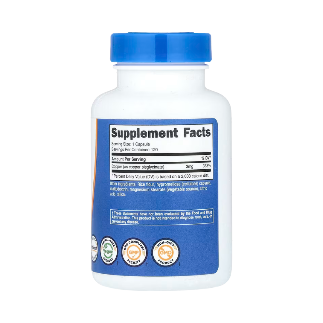 Nutricost, Copper Glycinate, 3 mg, 120 Capsules back packaging view