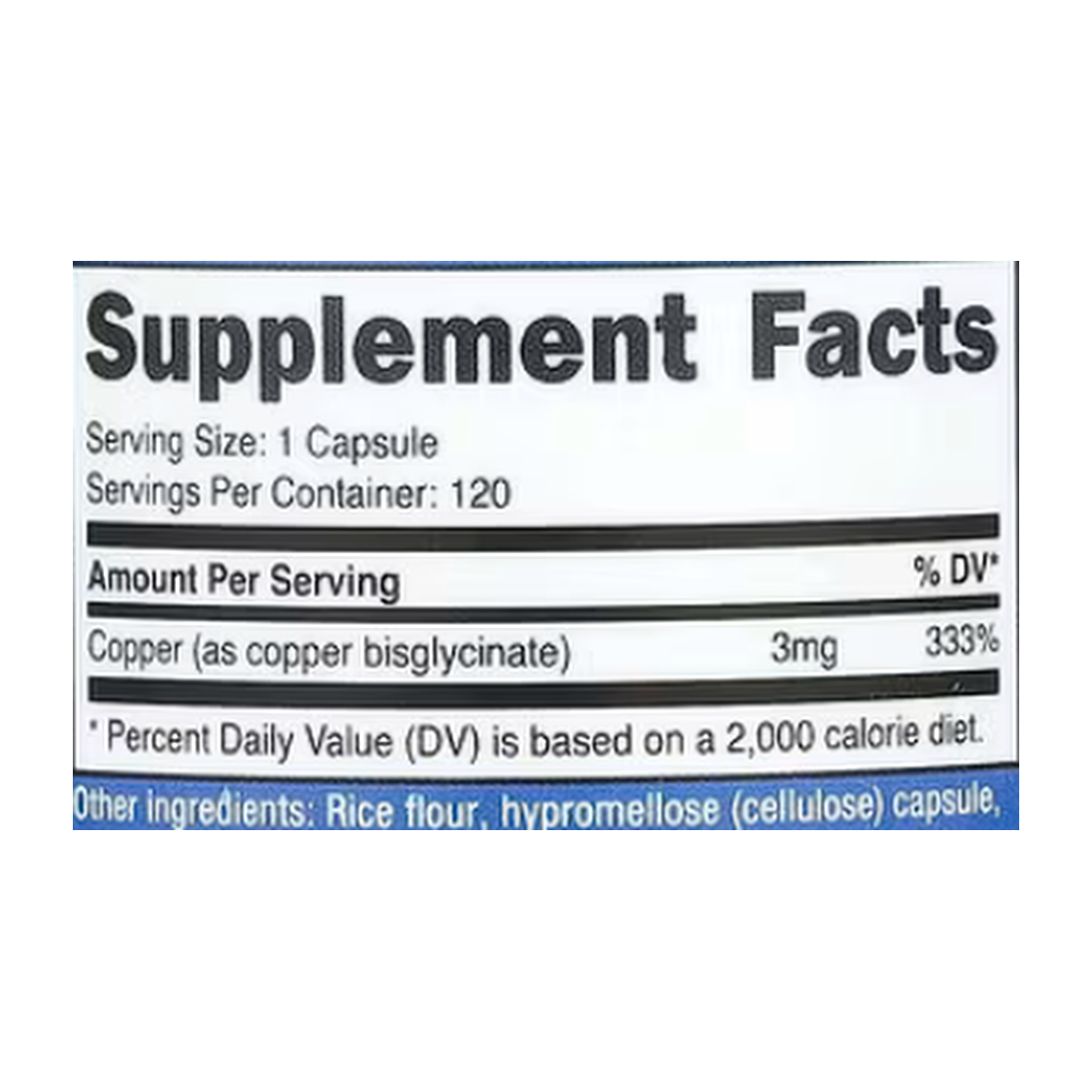 Nutricost, Copper Glycinate, 3 mg, 120 Capsules supplement facts label showing ingredients, vitamins, minerals, and serving information