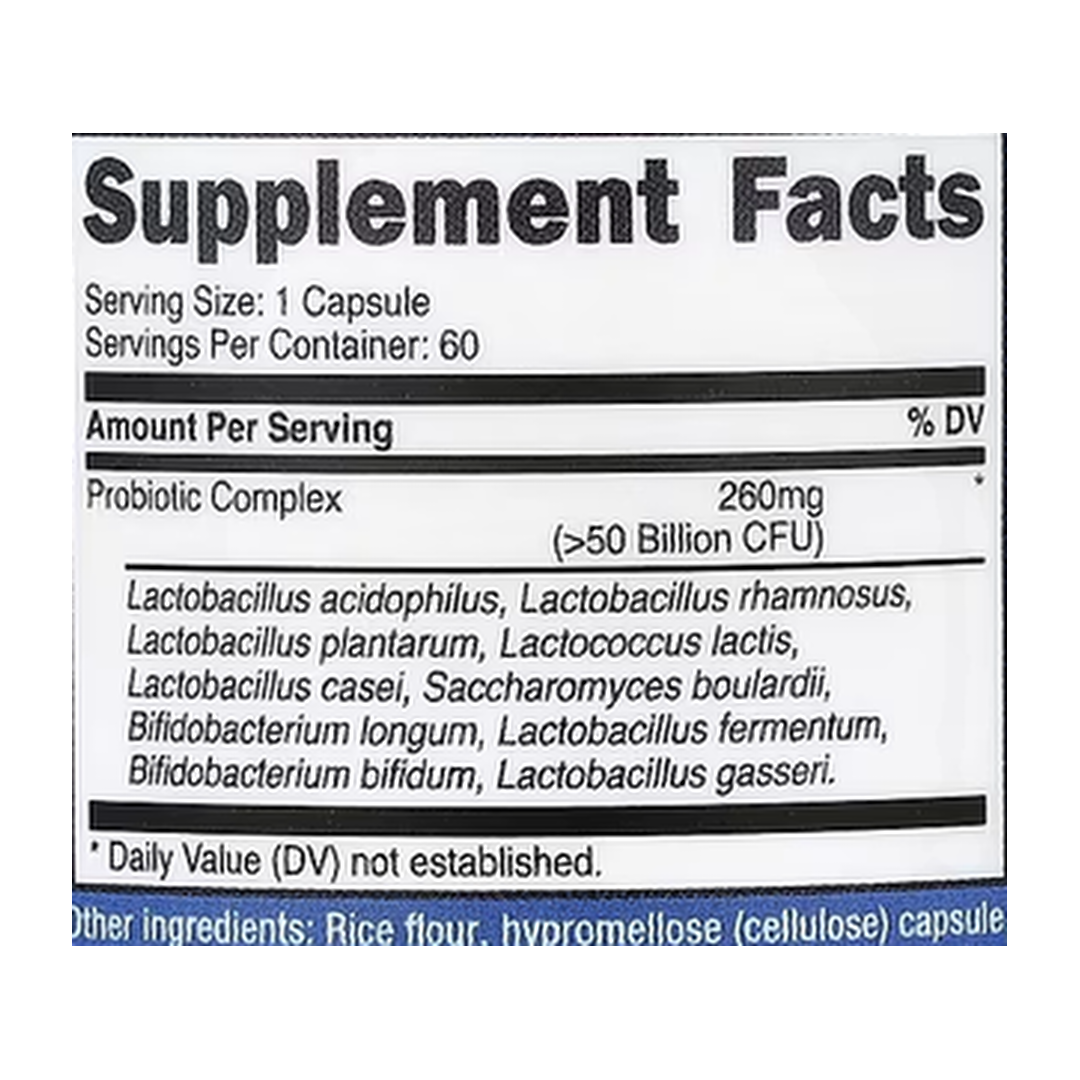 Nutricost, Probiotic Complex, >50 Billion CFU, 60 Capsules supplement facts label showing ingredients, vitamins, minerals, and serving information