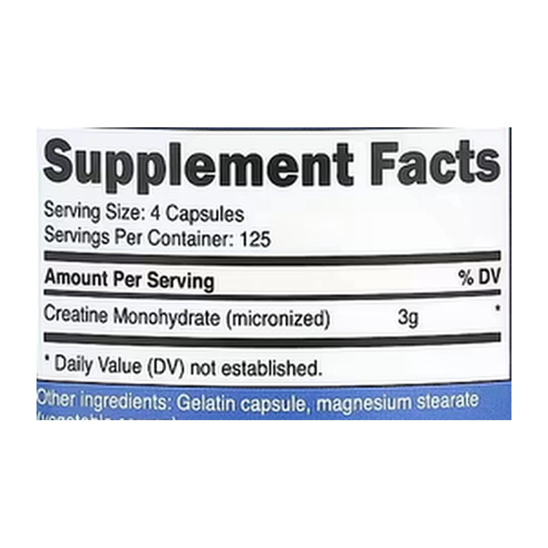 Nutricost, Performance, Creatine Monohydrate, 500 Capsules supplement facts label showing ingredients, vitamins, minerals, and serving information