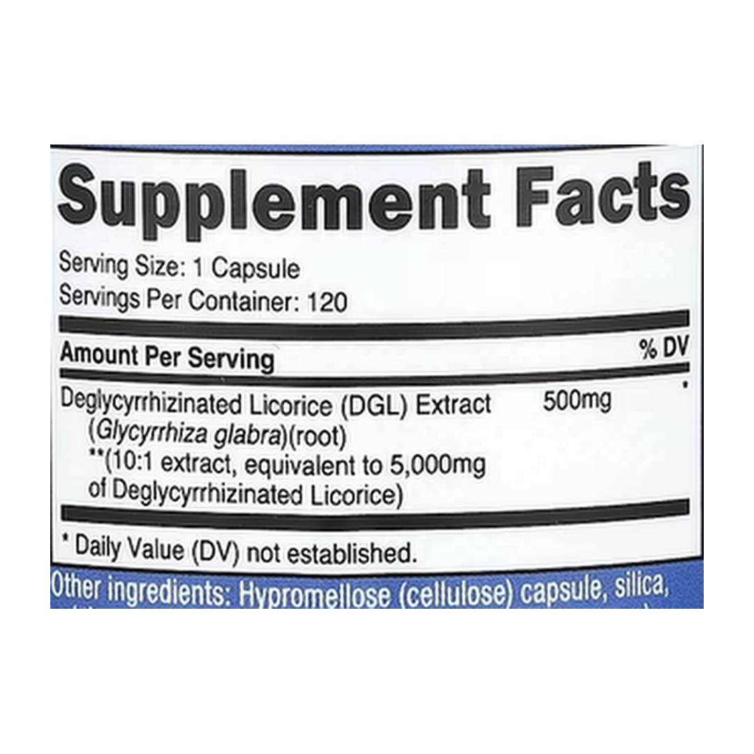 Nutricost, DGL, 5,000 mg, 120 Capsules supplement facts label showing ingredients, vitamins, minerals, and serving information
