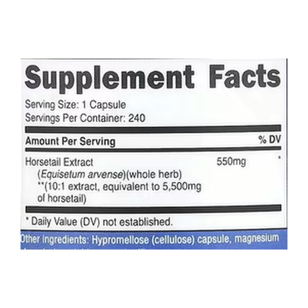 Nutricost, Horsetail Extract, 5,500 mg, 240 Capsules supplement facts label showing ingredients, vitamins, minerals, and serving information