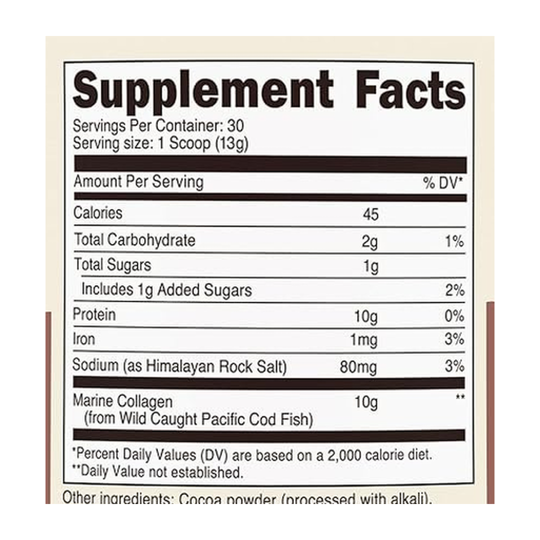 Nutricost, Marine Collagen, Chocolate, 13.7 oz, 383 g supplement facts label showing ingredients, vitamins, minerals, and serving information