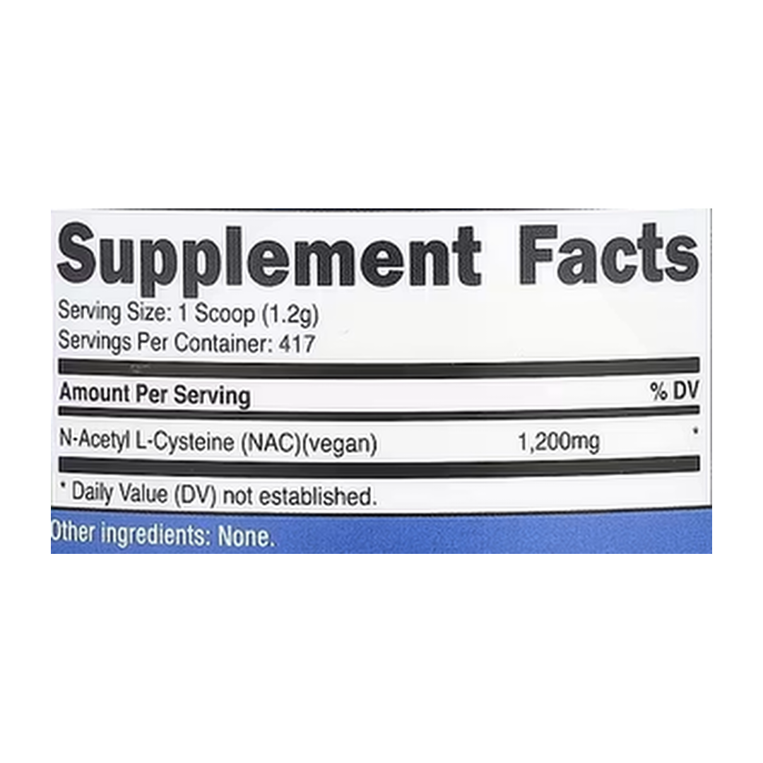 Nutricost, NAC, Unflavored, 17.9 oz, 500 g supplement facts label showing ingredients, vitamins, minerals, and serving information