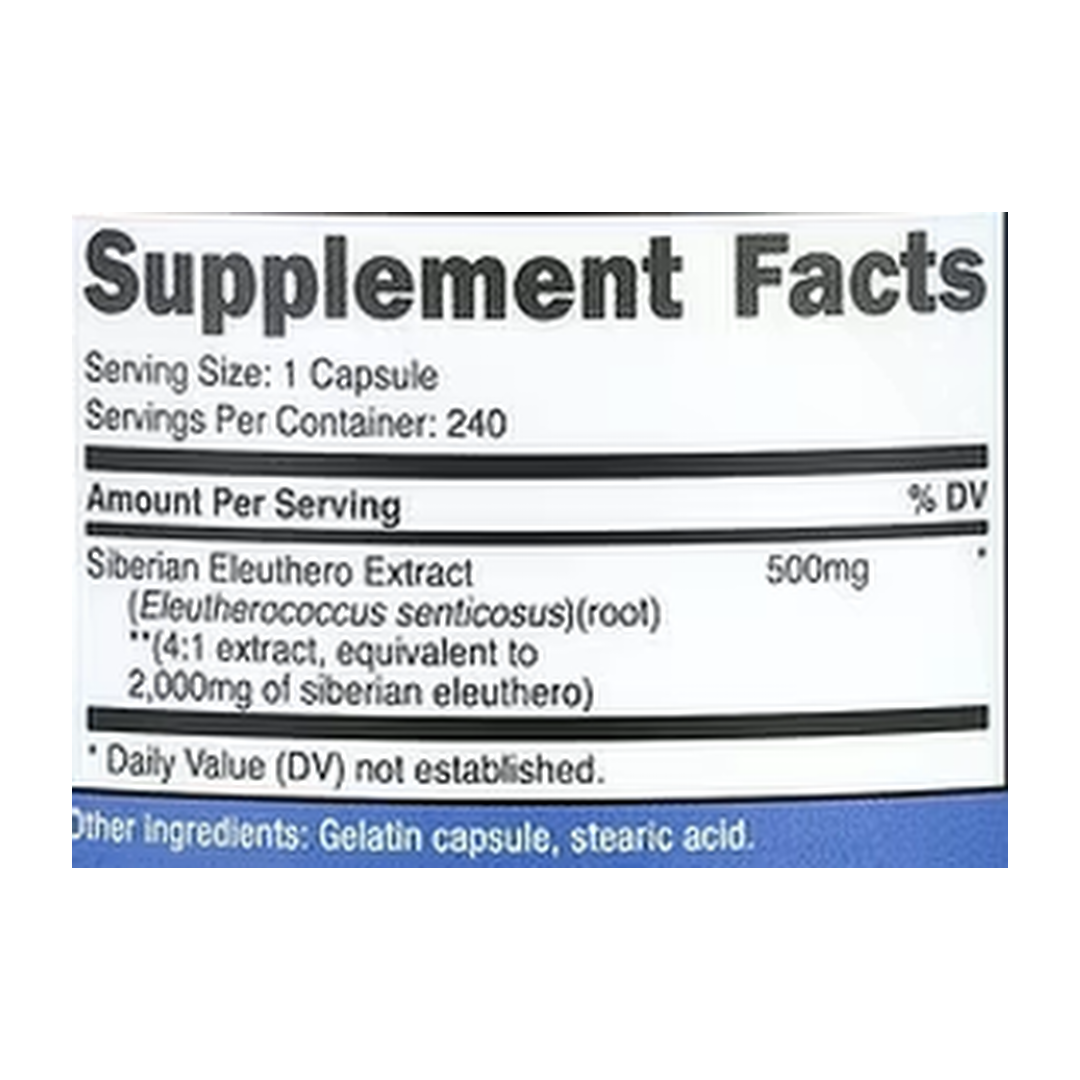 Nutricost, Siberian Eleuthero, 2,000 mg, 240 Capsules supplement facts label showing ingredients, vitamins, minerals, and serving information