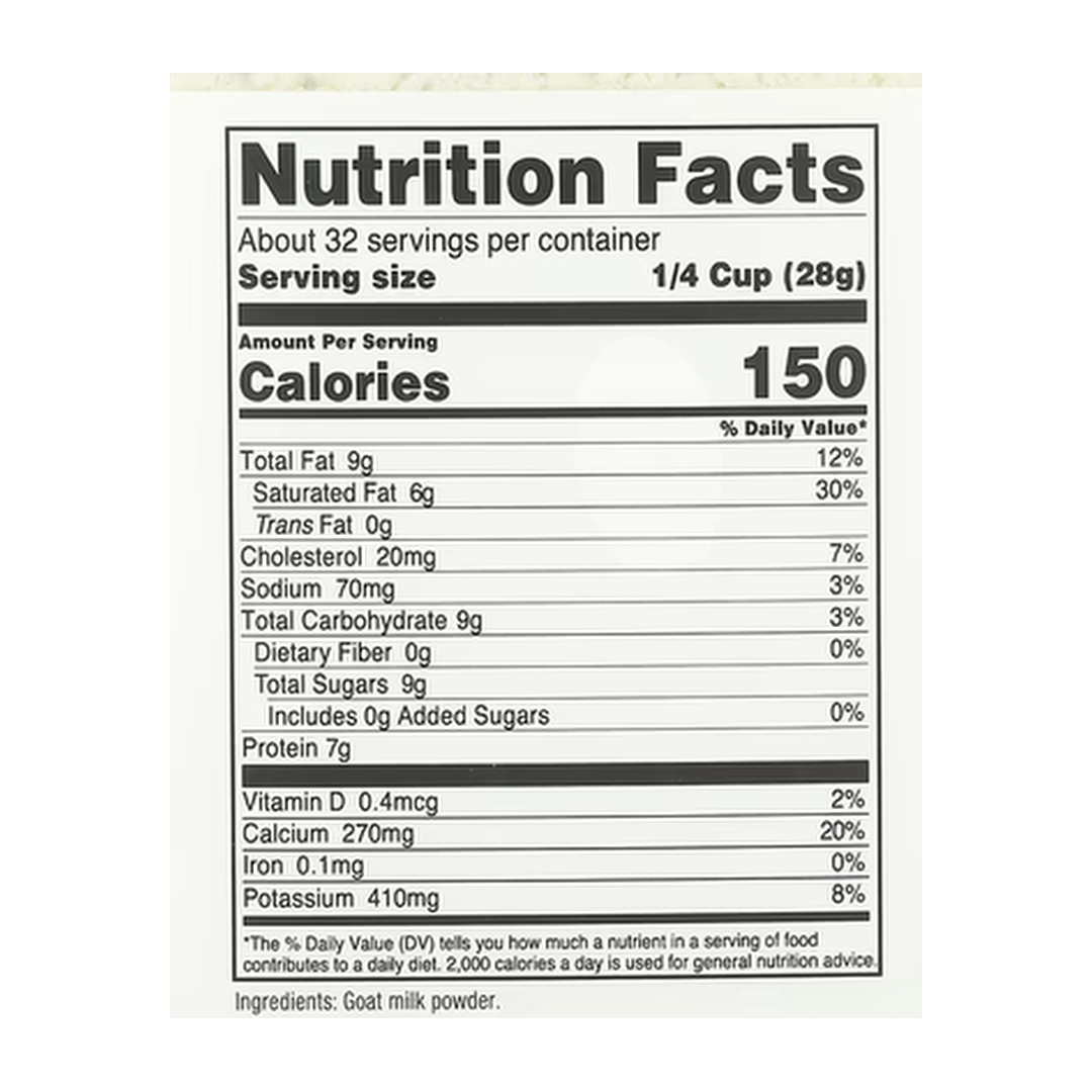 Nutricost, Pantry, Goat Milk Powder, 32.4 oz, 907 g supplement facts label showing ingredients, vitamins, minerals, and serving information