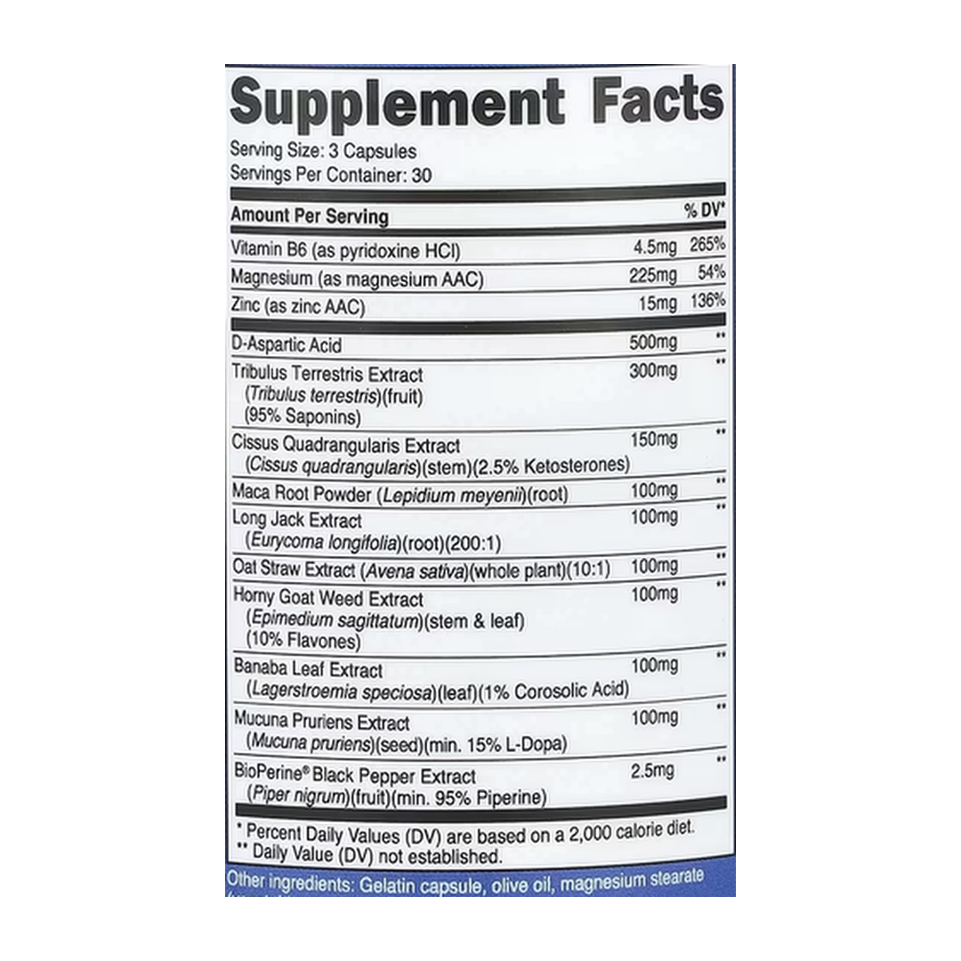 Nutricost, Testosterone Complex, 90 Capsules supplement facts label showing ingredients, vitamins, minerals, and serving information